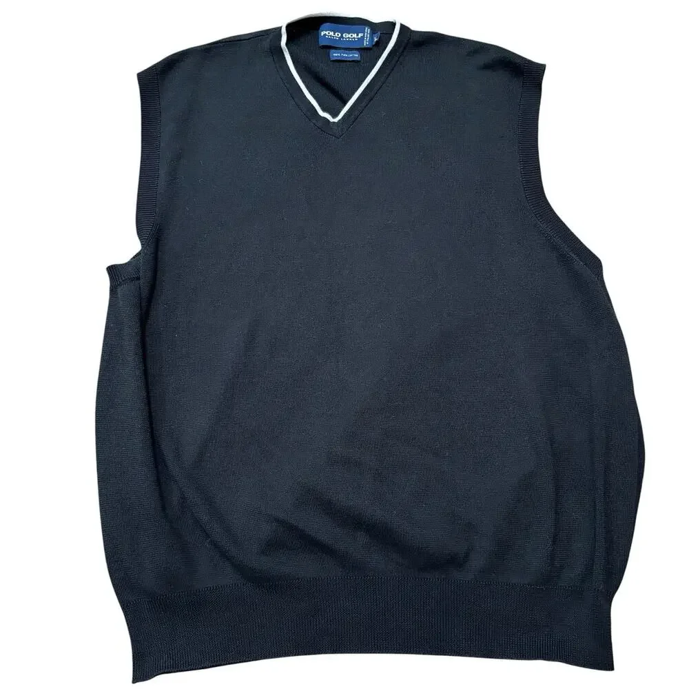 Vintage Polo Golf Ralph Lauren Sweater Vest Mens Large Black V-Neck Pima Cotton